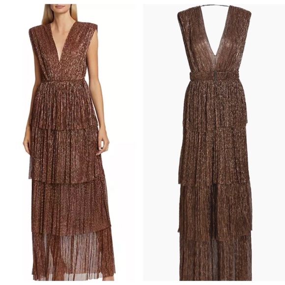 Sabina Musayev Dresses & Skirts - Sabina Musayev Metallic Bronze Deep-V Tiered Maxi Dress